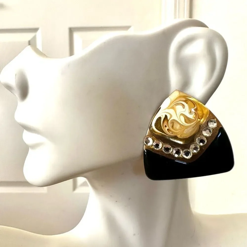 Yellow black rhinestone vintage post earrings